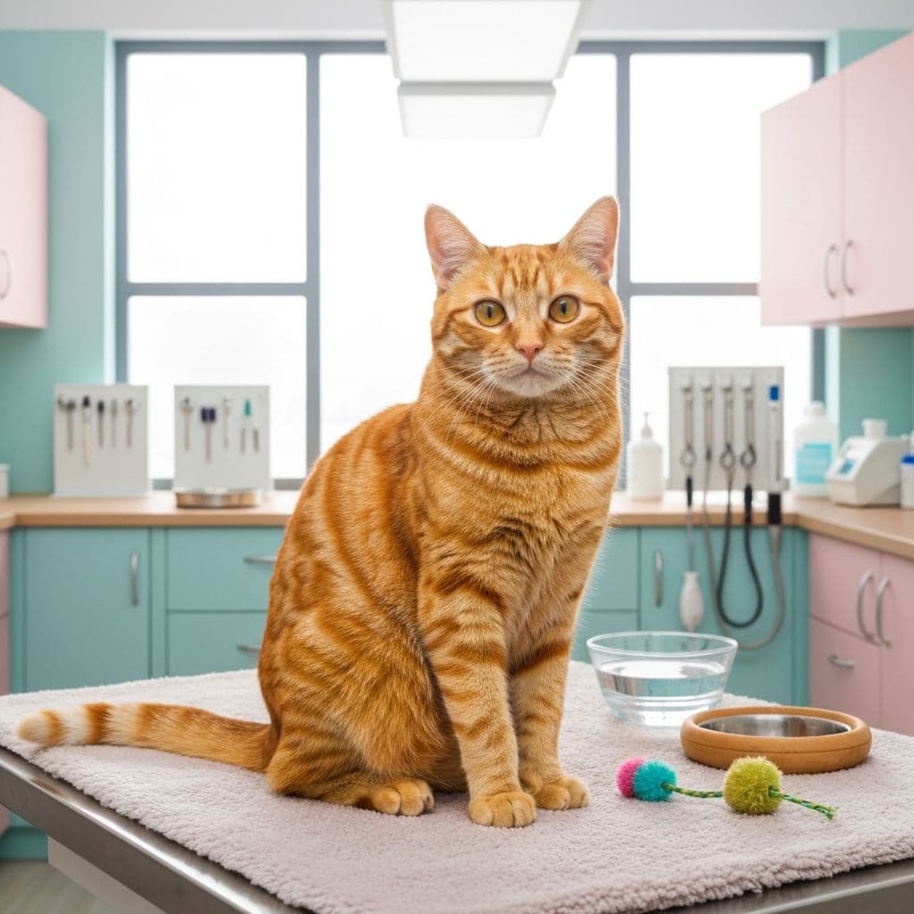 Orange tabby cat being cared for at a veterinary clinic
